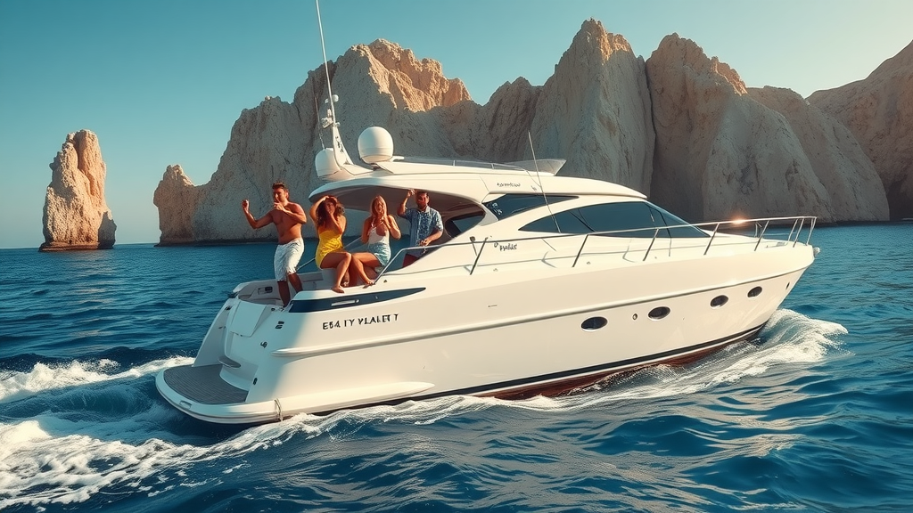 luxurious white yacht cruising near Cabo San Lucas Arch, joyful group of friends celebrating on deck with dramatic rocky coastline, deep blue ocean, sparkling water, vibrant sunlit colors, and golden hour lighting — best representing yacht rental cabo