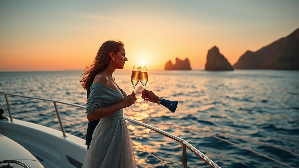 elegant couple on bow of yacht, romantic ambiance, toasting champagne at sunset over Pacific Ocean, Land