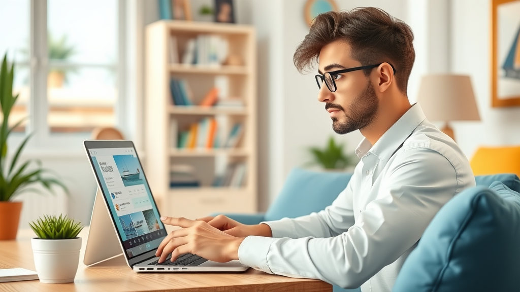 modern online booking interface on laptop for yacht rental cabo, vacation planner browsing luxury yacht options in a clean home office, bright natural daylight, focused and inviting transaction