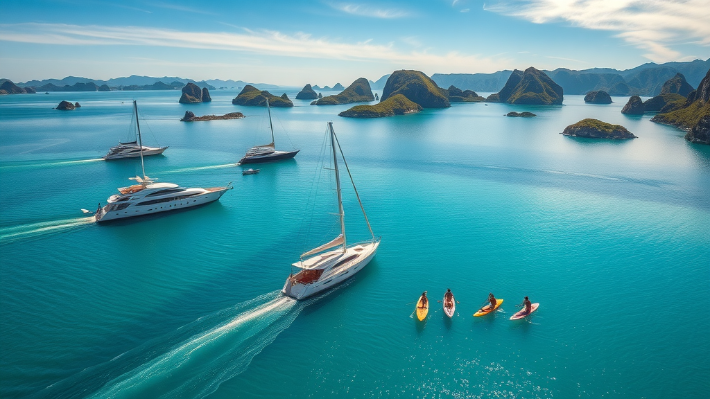 breathtaking aerial view of yachts anchored in turquoise La Paz bay with lush green islands, gentle waves, sunlight on water, families paddle boarding — showcases yacht rentals in la paz and baja california sur