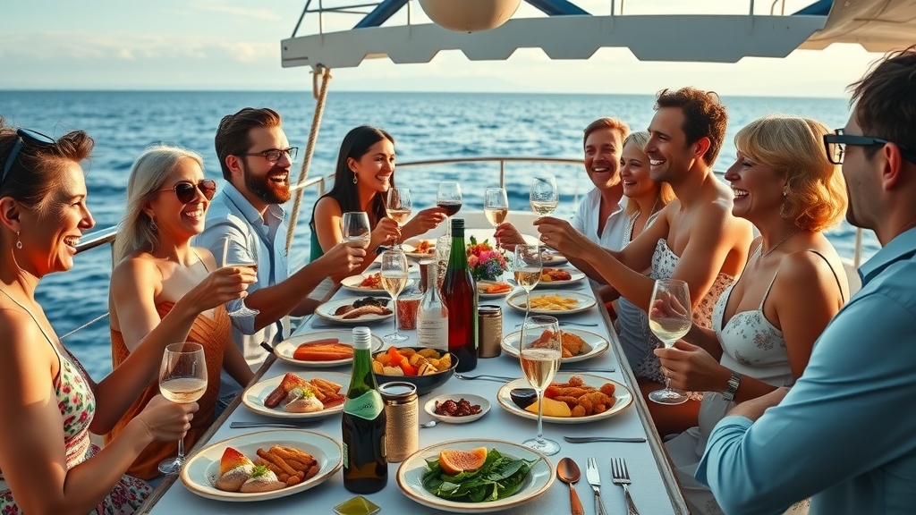 vibrant yacht party scene, multicultural group enjoying gourmet meal on deck with panoramic ocean view and festive sunlit ambiance — best highlights of private yacht charter and luxury yacht rentals in cabo san lucas