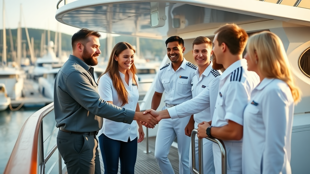 friendly yacht crew in crisp nautical uniforms welcoming guests onboard a polished yacht deck at the marina in Cabo San Lucas, morning light — symbolizing the hospitality of yacht rental cabo