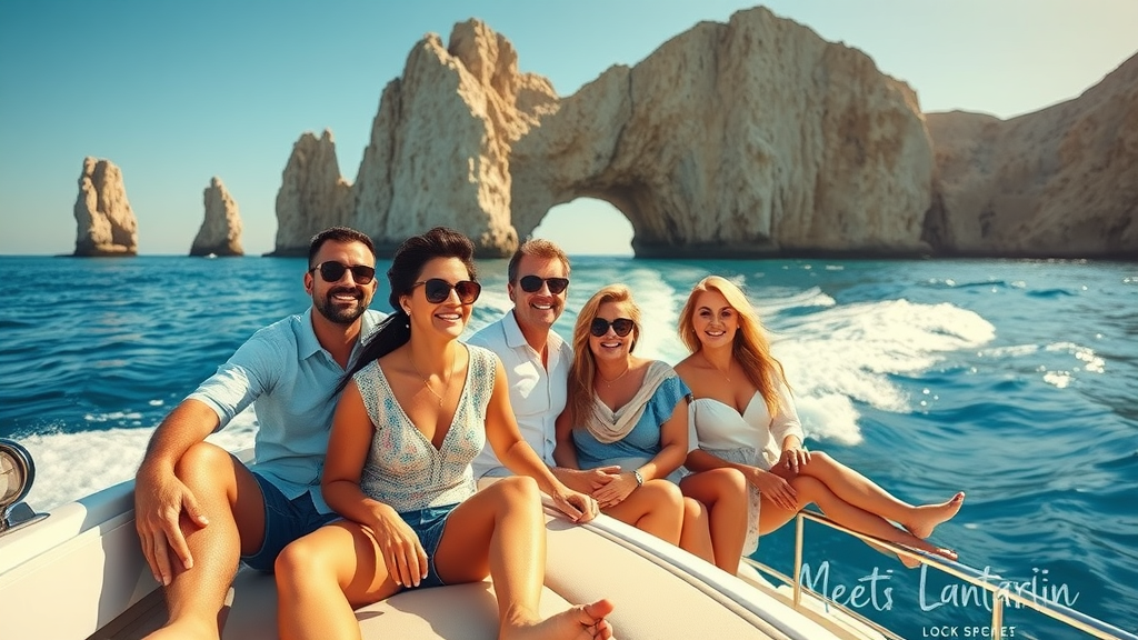 vibrant luxury yacht cabo yacht rental families friends cruising Los Cabos coastline rocky arch clear blue water golden hour