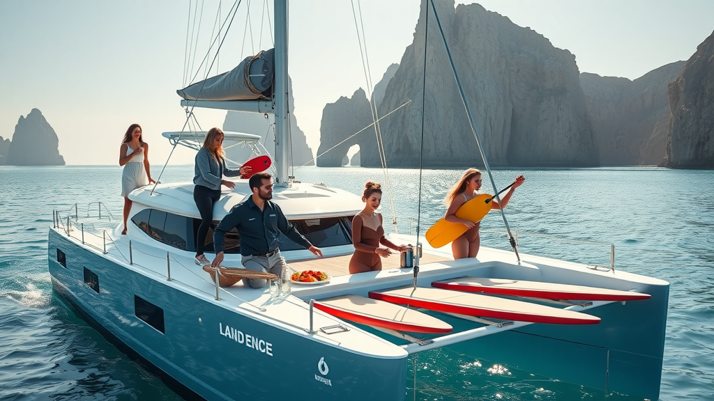 sleek modern catamaran professional crew preparing gourmet lunch paddle boards Land’s End rock formations cabo yacht rental los cabos
