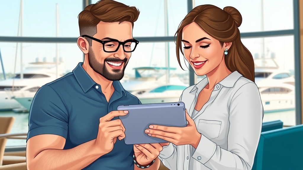 relaxed couple comparing cabo yacht rental deals indoor marina lounge infographic-style comparison docked yachts