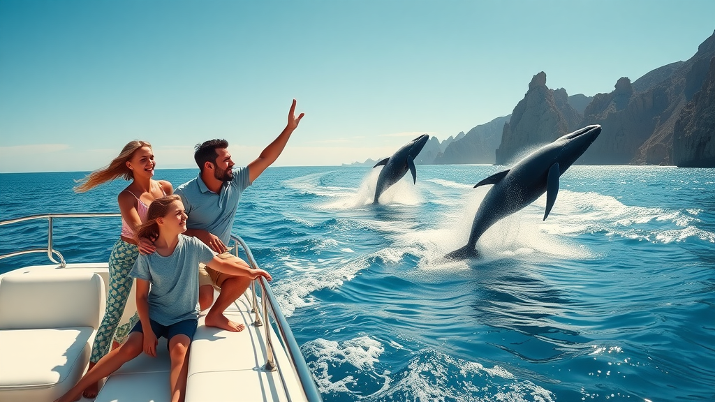 joyful family on cabo yacht rental watching whale los cabos rugged coast morning light
