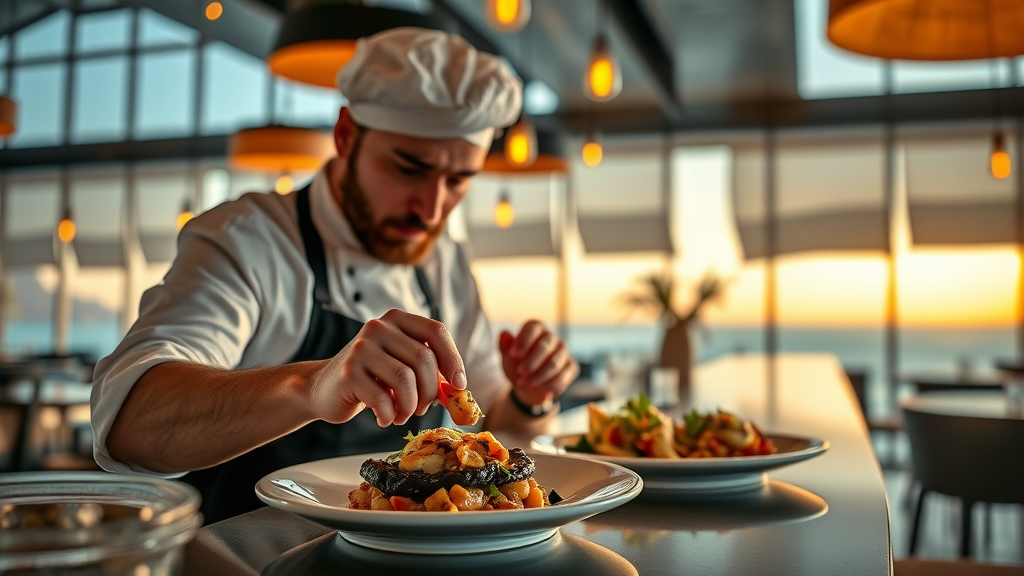 Contemporary Cabo restaurant with chef preparing fusion Baja dishes – modern innovations in best food cabo