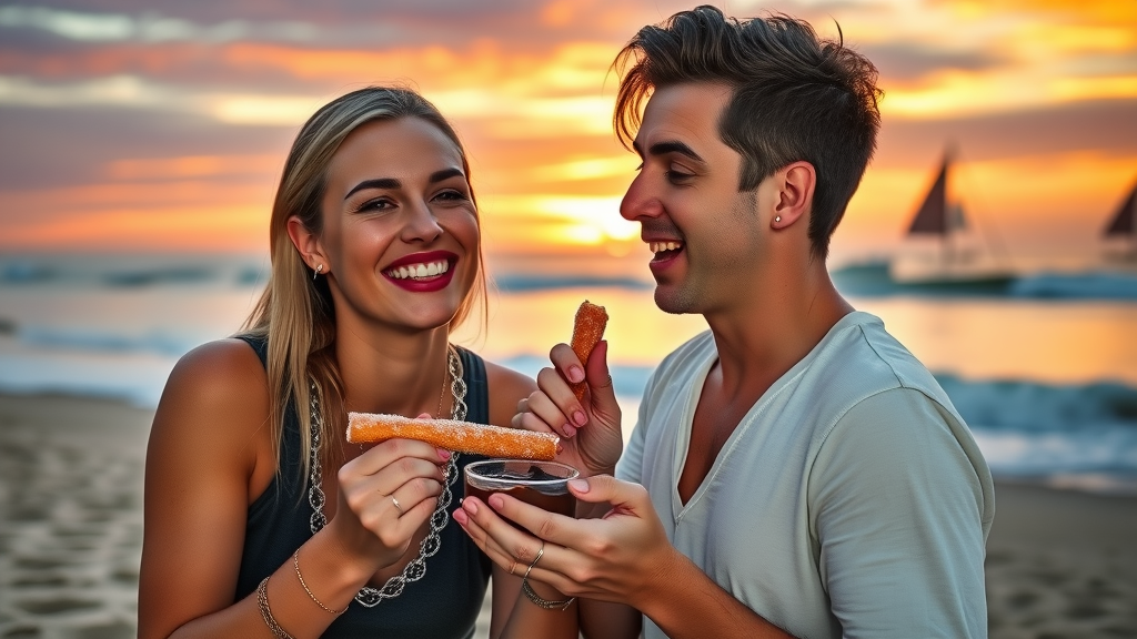 Couple enjoying churros on Cabo beach at sunset – best food cabo enjoyed by the sea