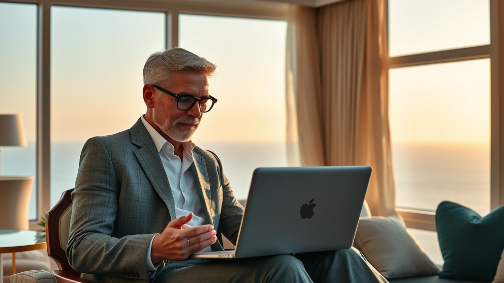 Affluent traveler Cabo couple browsing verified travel content on laptop in luxury hotel suite