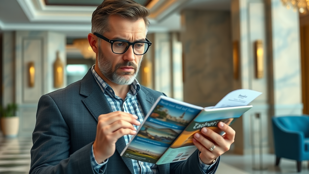 Affluent traveler cabo seriously comparing travel options and reading verified content in hotel lobby