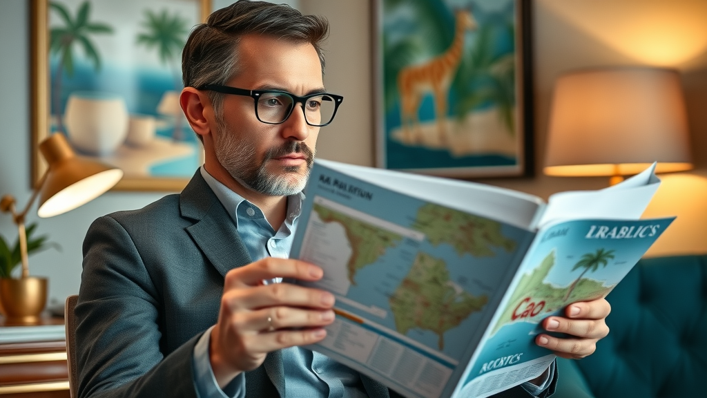 Affluent traveler cabo meticulously reviewing verified luxury travel guides and maps in stylish office
