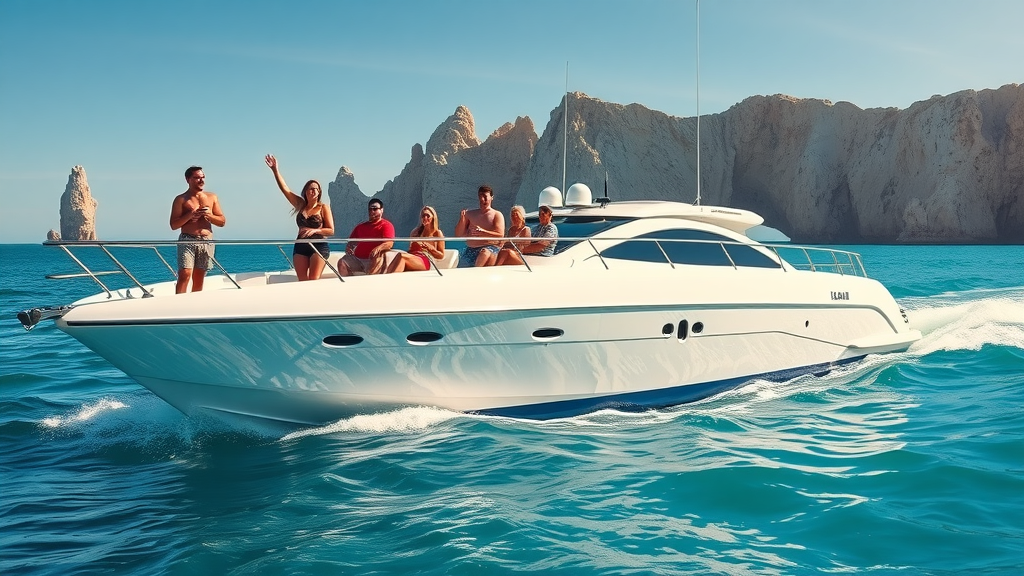 Luxury yacht charter Cabo cruising turquoise waters with travelers enjoying the sun and celebrating, with Cabo San Lucas Arch in the background