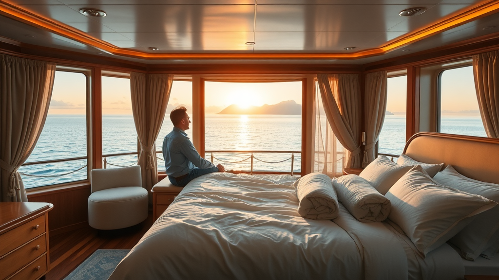 Luxury yacht charter Cabo - opulent suite with sea view and sunset