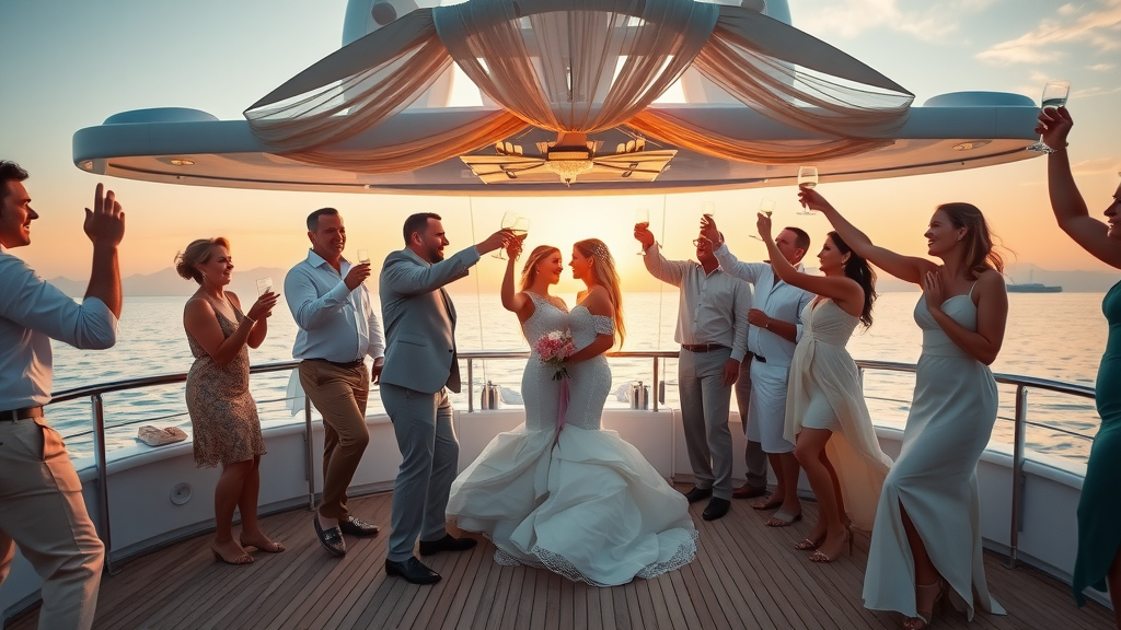 Luxury yacht charter Cabo - wedding celebration on superyacht at sunset