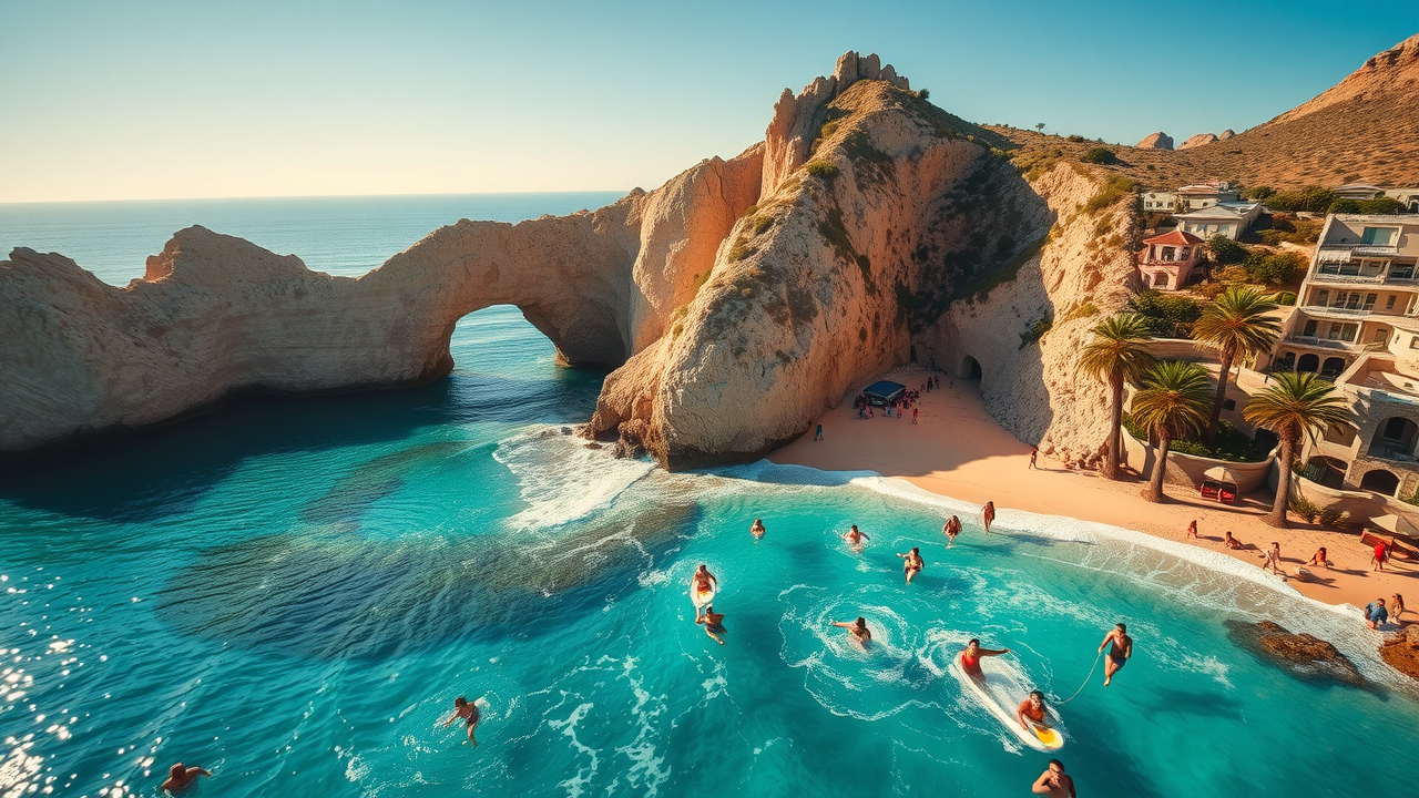 Aerial view of Cabo San Lucas coastline with families exploring and scenic rocky arch, family vacation in Cabo San Lucas