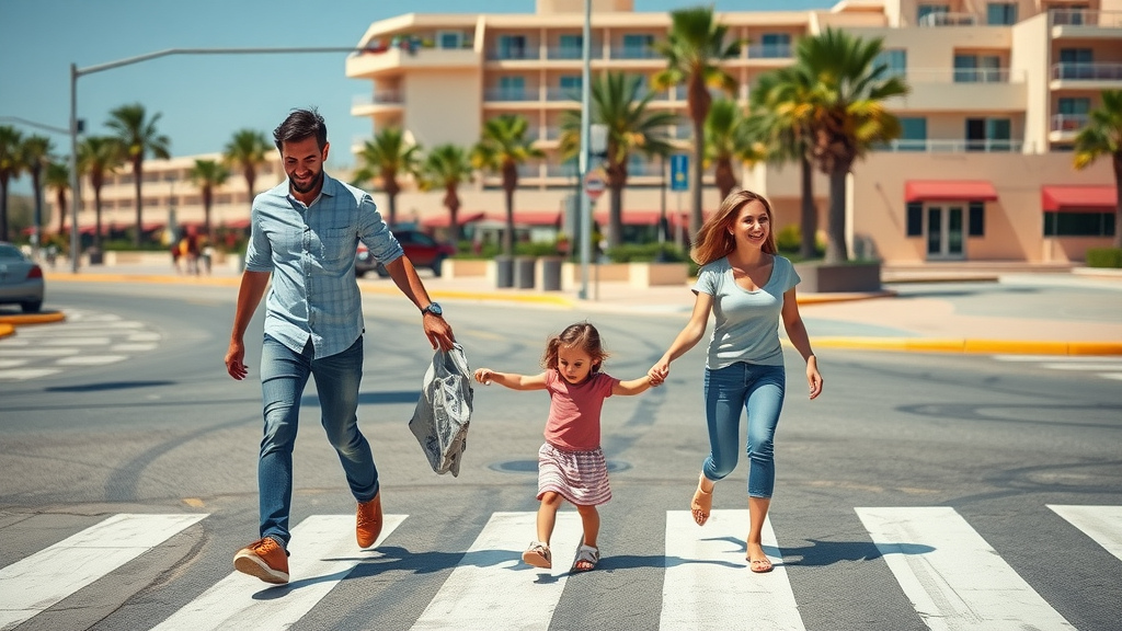 Family crossing a street safely near a Cabo San Lucas resort, practicing family safety in Cabo San Lucas