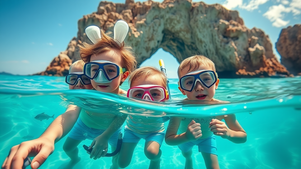 Children with snorkeling gear in Cabo San Lucas about to enter clear ocean, family outdoor activities in Los Cabos