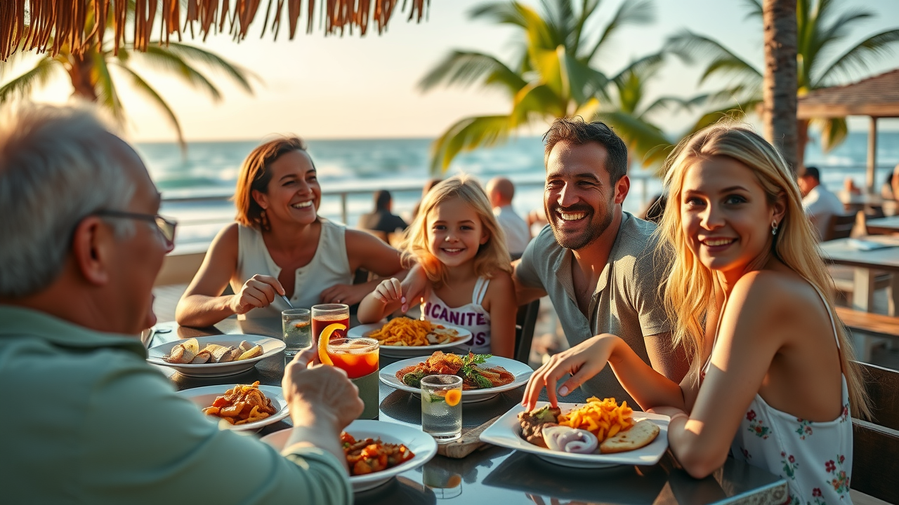 Family sampling Baja cuisine at a beachside restaurant, family-friendly dining in Cabo San Lucas