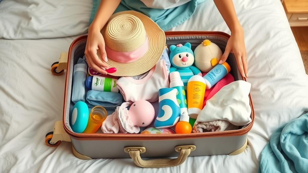 Family suitcase packed with sunscreen, beachwear, and toys for a Cabo San Lucas trip
