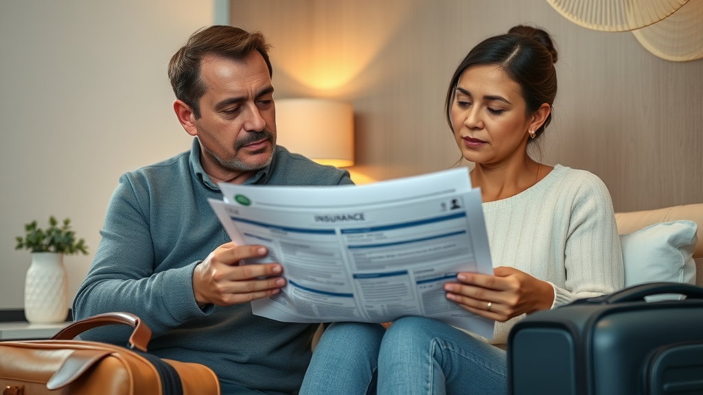 Parents reviewing travel insurance in Cabo, choosing the best coverage for family travel in Baja California Sur