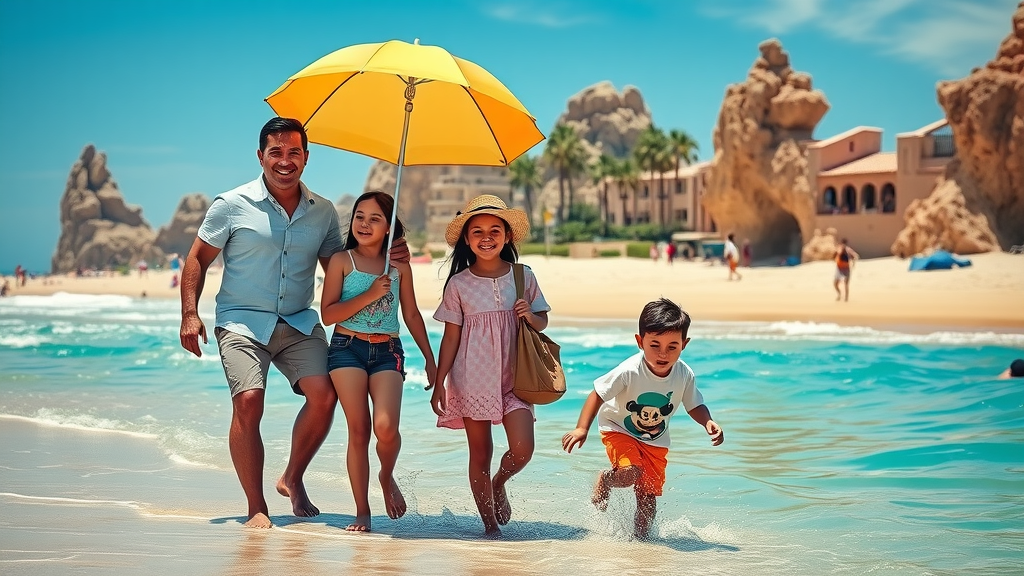 Cabo San Lucas family travel on beach vibrant Mexican atmosphere with family playing safely