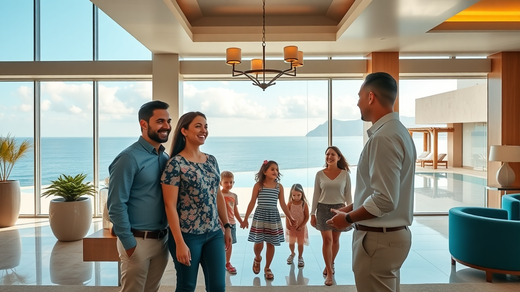 Cabo San Lucas family-friendly all-inclusive resort check-in with smiling children