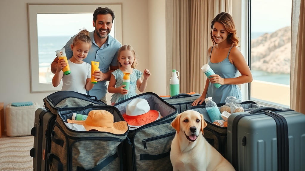 Cabo San Lucas family travel packing sun hats sunscreen and travel essentials in hotel room