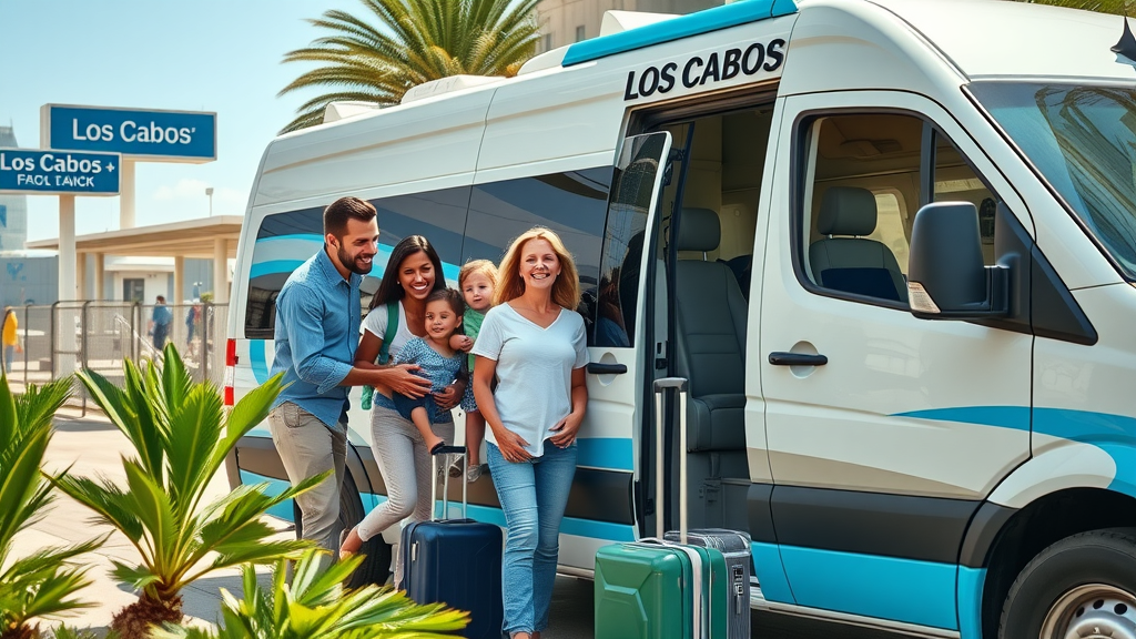 Cabo San Lucas family travel boarding shuttle at airport rental cars and public transport Los Cabos