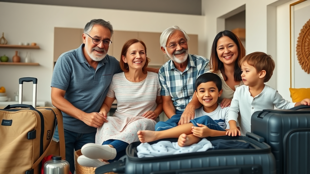 Multigenerational family organizing luggage in a modern Mexican home before their trip to Cabo San Lucas