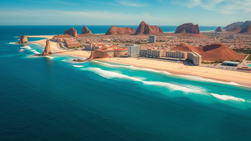 Aerial view of Cabo San Lucas showing family-friendly beaches and town landmarks