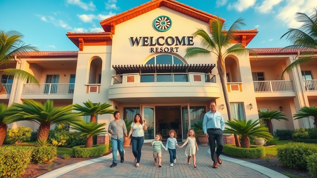 Families with children arriving at an upscale Cabo San Lucas resort entrance with lush landscaping