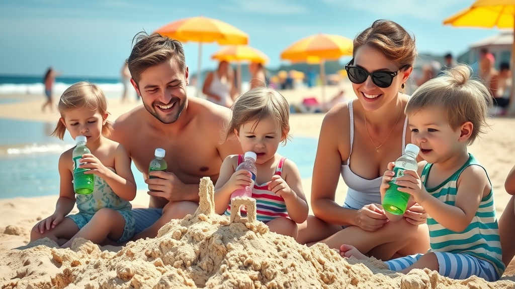 Children and parents applying sunscreen and drinking bottled water on Medano Beach, Cabo San Lucas