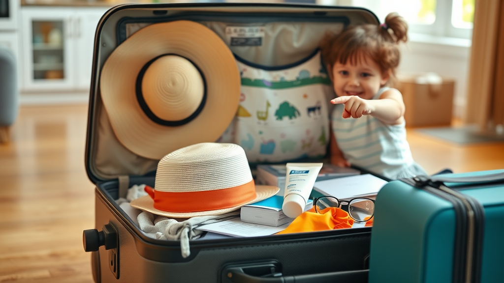 Organized suitcase with sun hats, swimwear, sunscreen, and documents for kids in Baja California Sur