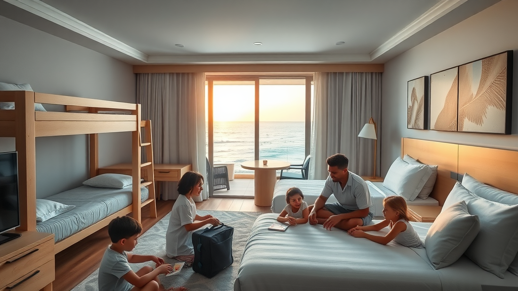 Modern hotel suite in Cabo San Lucas with a family relaxing and ocean views