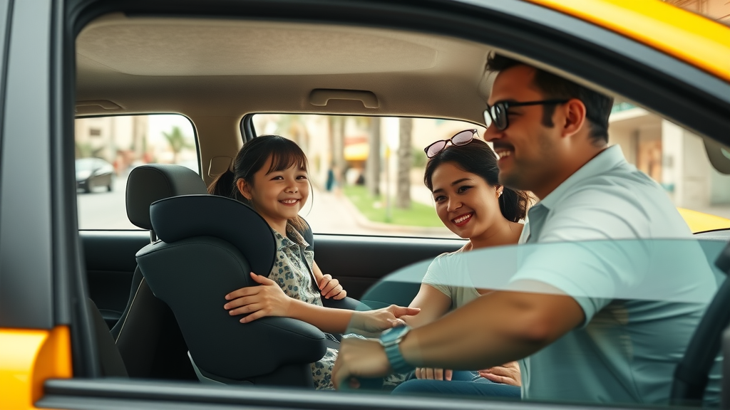 Family using a taxi with a car seat and friendly driver in downtown Cabo San Lucas