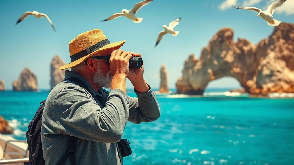 vibrant Cabo San Lucas coastline with fisherman, dramatic sea, rocky arches, seagulls, and bright afternoon light, Cabo fishing secrets