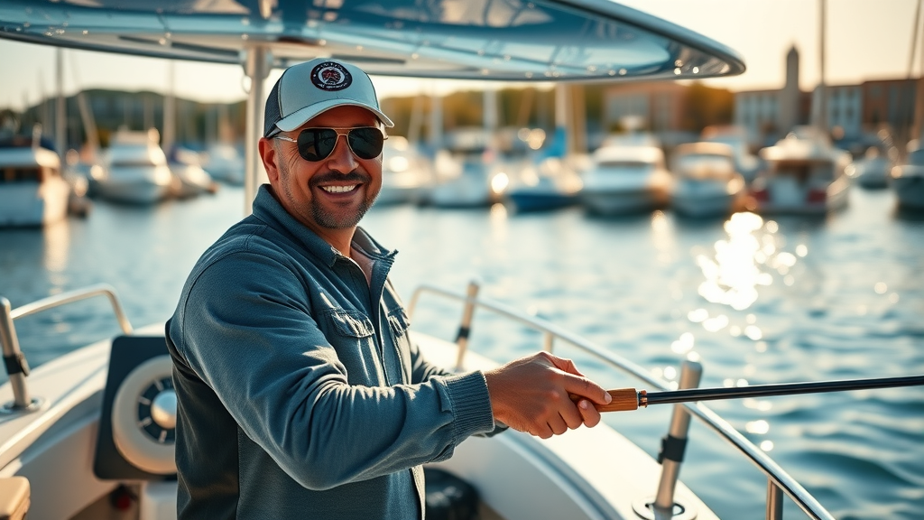 sleek modern fishing charter boat, friendly captain, fishing rods, sparkling marina, Cabo fishing charter tips