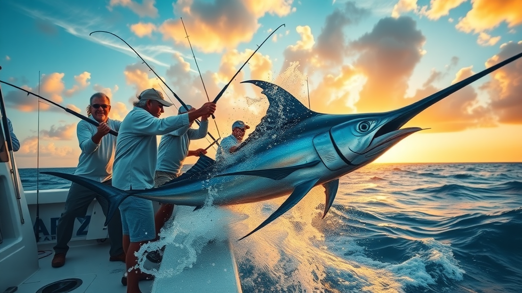 group of anglers reeling in large marlin at sunrise, dynamic Cabo fishing scene, best seasons for Cabo fish