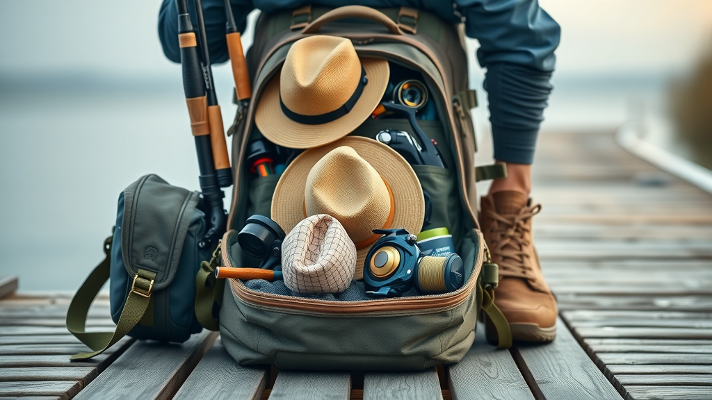 organized fishing gear essentials for Cabo fishing, fisherman packing, tackle, rods, sun protection
