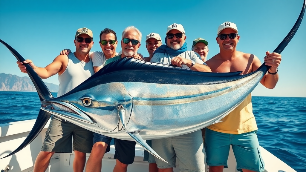 celebratory fishing group with trophy marlin on Cabo fishing charter, open ocean, Cabo fishing secrets