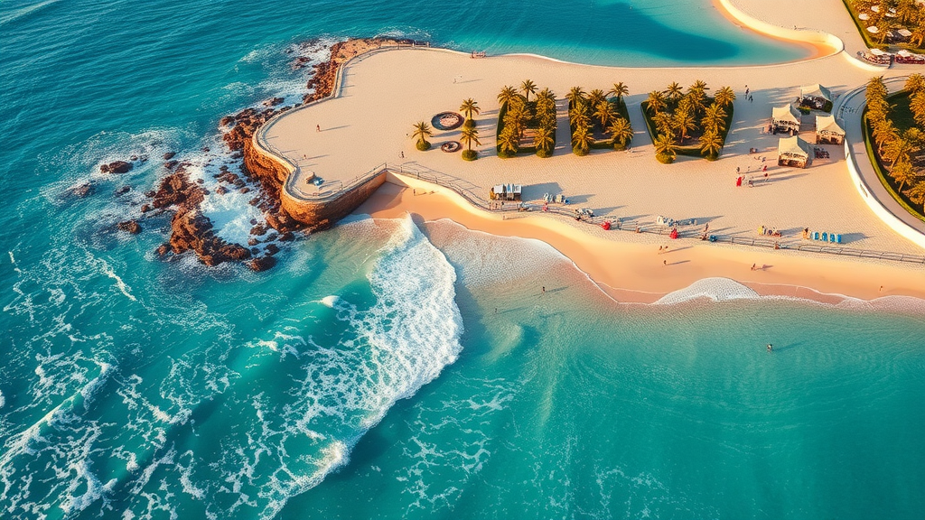 Vibrant aerial view of Cabo San Lucas coastline with happy families and blue sea, family-friendly activities in cabo