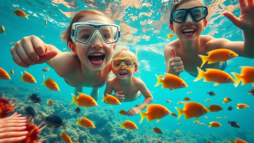 Children and parents snorkeling among colorful fish in Santa Maria Bay, los cabos family vacation