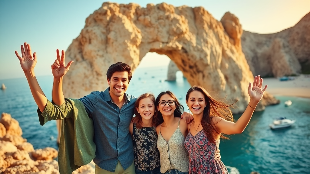 Family posing at the Arch at Land’s End, cabo san lucas with kids