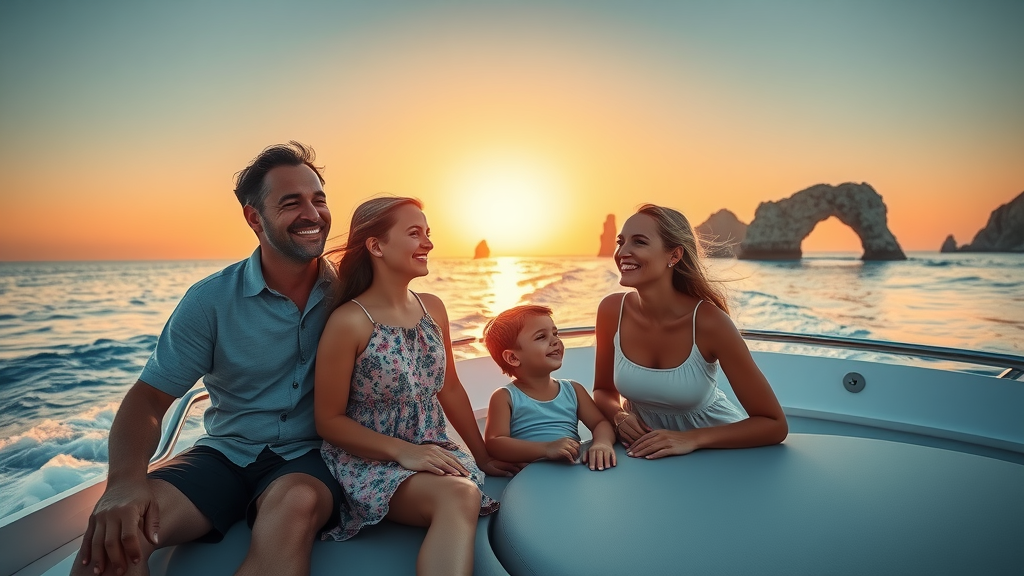 Family enjoying sunset cruise in Cabo San Lucas, family-friendly activities in cabo