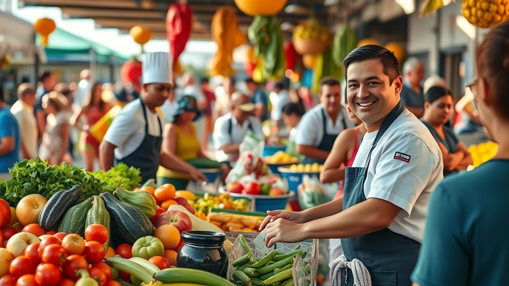 Cabo food guide - Bright and lively Cabo market scene with local chefs and fresh produce, open-air in Los Cabos