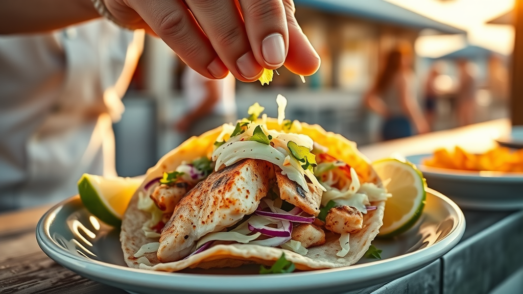 Cabo food guide - Chef garnishing fresh Baja fish taco at sunlit taco stand in Cabo San Lucas