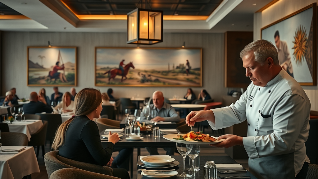 Elegant Michelin-level Cabo restaurant, chef presenting gourmet Baja seafood in stylish Los Cabos dining room