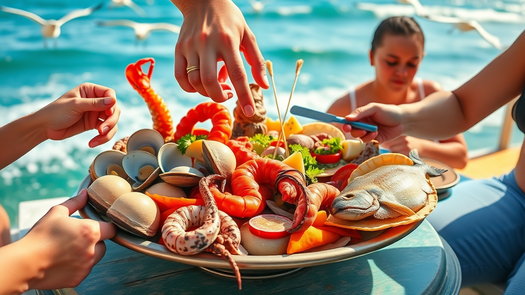 Cabo food guide - Colorful seafood platter with clams, grilled octopus, lobster taco and family sharing by seaside in Los Cabos