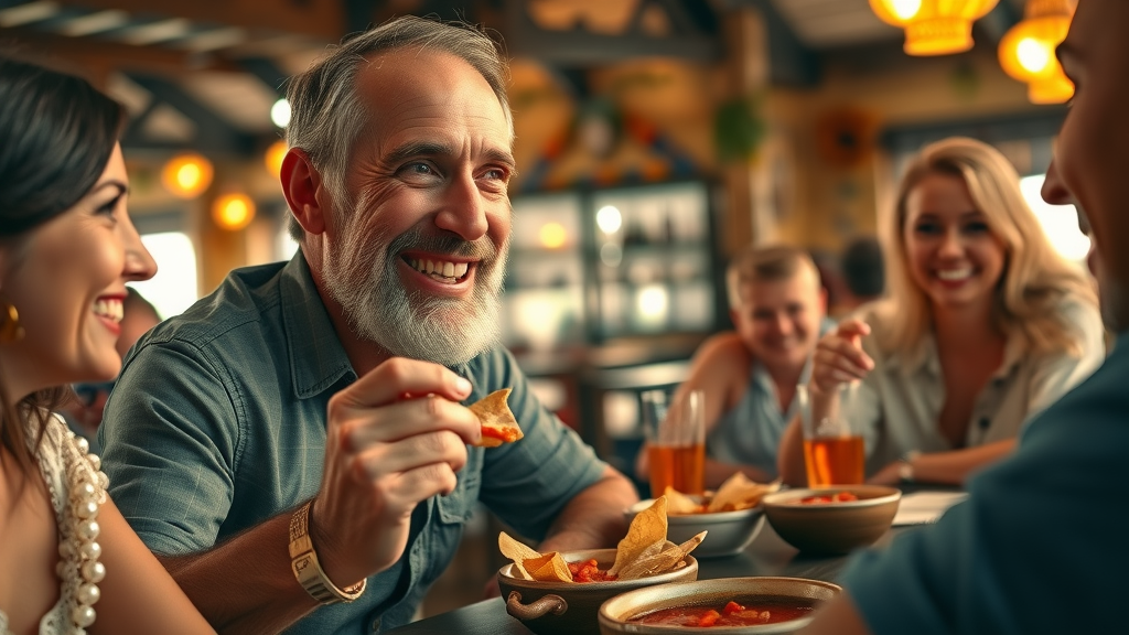 Cabo food guide - Seasoned traveler enjoying spicy salsa in a rustic Cabo eatery, dining experience with friends