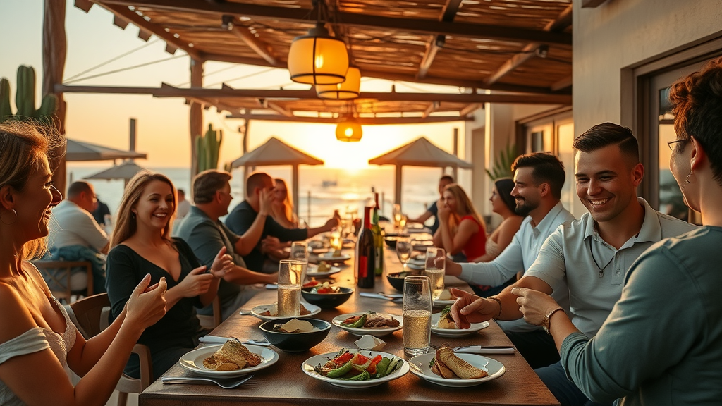 vibrant open-air Cabo restaurant scene at sunset, lively diners, waiters serving food, rustic wooden tables, cacti background, dynamic flow of Baja cuisine
